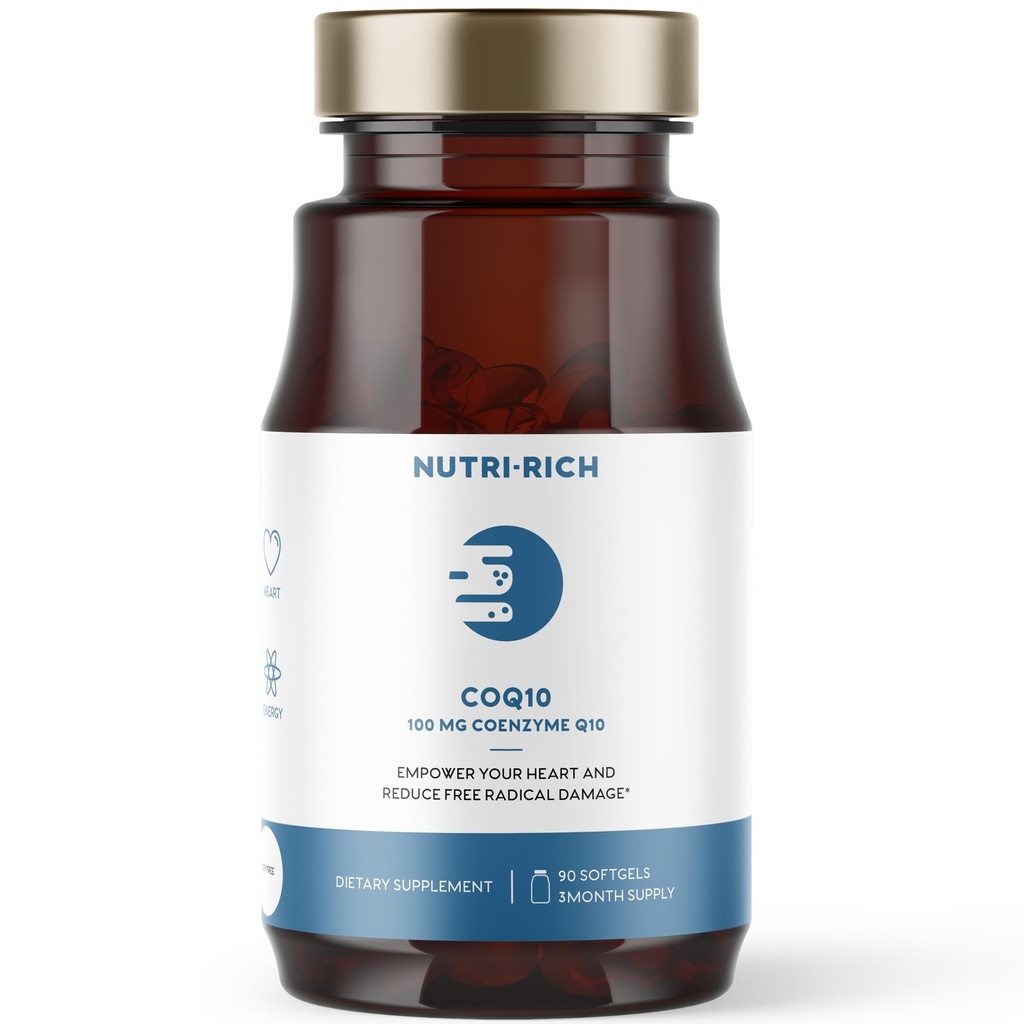 Nutri-Rich CoQ10 Softgels, Coenzyme Q10 Ubiquinone for Heart & Energy, Statin 使用法 & Cellular Health, サードパーティテスト済み, GMP 品質, 人工添加物なし, 大豆なし, グルテンフリー, 90 カウント
