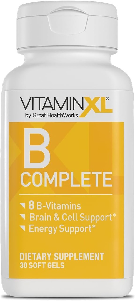 VitaminXL Bコンプリートは、B1、B5、B6、B12、ビオチン、ナイアシン、リボフラビン、フォレート、チョラインとイノシトール(30ソフトゲル、30サービング)で作られたフルスペクトラムBコンプレックスです。