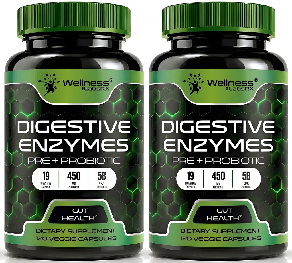 プロバイオティクスおよびプレバイオティクス、450mg、5つのビリオンCFUの消化酵素 - 純粋なスーパー消化カプセル - 女性&男性サポート消化と腸の健康のための消化酵素 - 120カウント(パッケージ2)