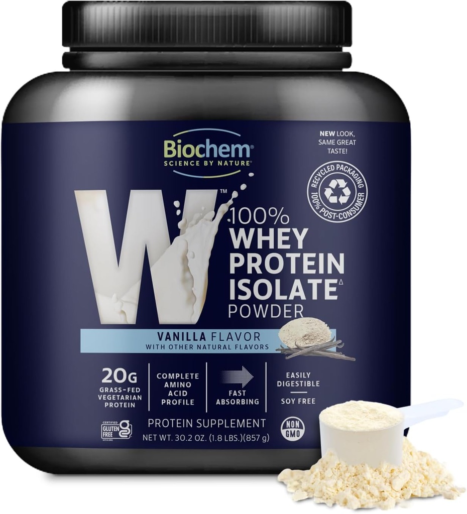 Biochem Whey Protein Isolate Powder - Vanilla Flavor, 20 Grams per Serving, Sourced from Grass Fed Cows, Non-GMO, Vegetarian, No Artificial Flavors or Sweeteners - Supports Muscle Mass & Performance