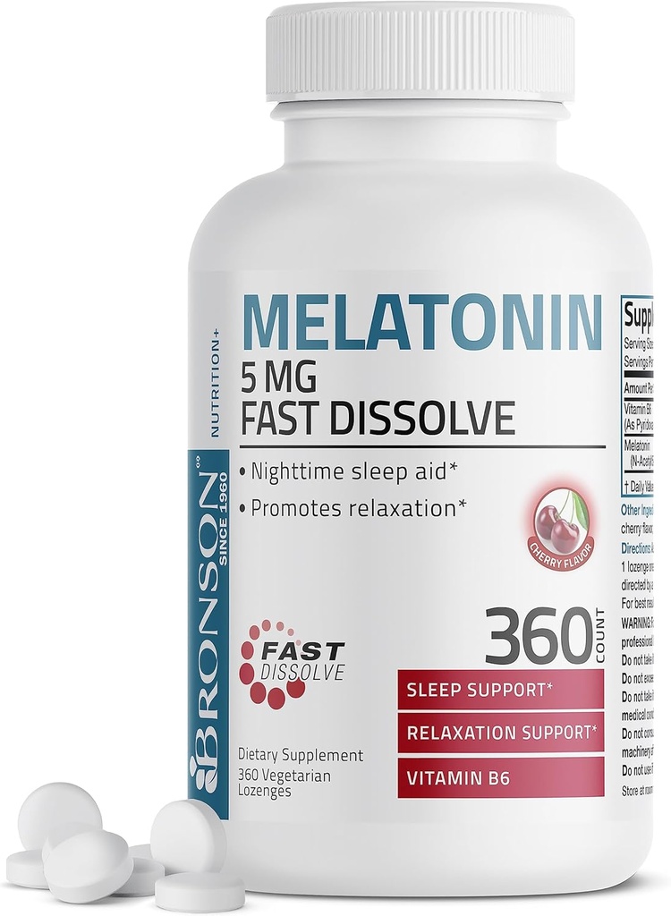 Bronson Melatonin 5mgの速い分解のチェリーの味はビタミンB6 - Nighttimeの睡眠の援助と錠剤にします - リラックスを促進します、360のベジタリアンの咀嚼可能なロッジ