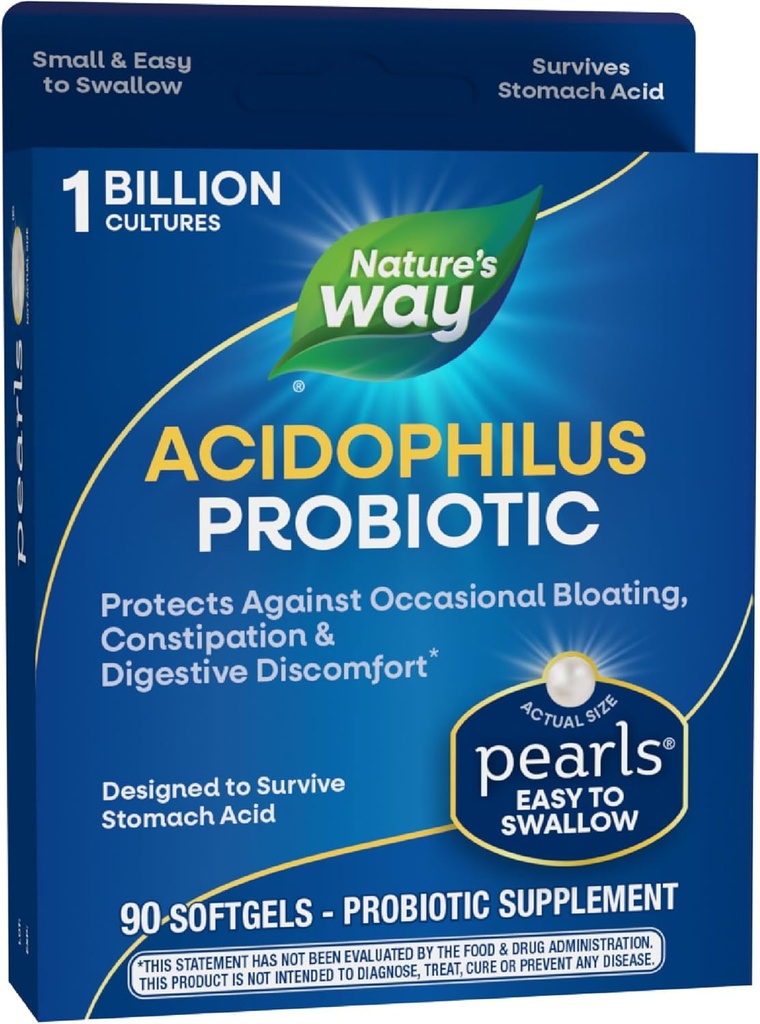 Nature's Way Acidophilus Probiotic Pearls、Digestive Balance & Gut Healthをサポート、Occasional constipationとBloating*、Billion Culture、90 Softgelsを削減