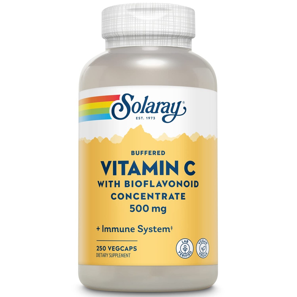 SOLARAY BufferedビタミンC 500mg - バイオフラボノイド、ローズヒップとアセララチェリー - 免疫サポートサプリメント - 消化しやすい、ビーガン、ラボ検証済み、60日間保証 - 250サービング、250 VegCaps