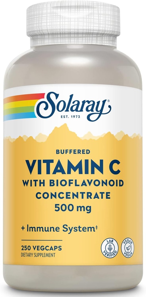 SOLARAY BufferedビタミンC 500mg - バイオフラボノイド、ローズヒップとアセララチェリー - 免疫サポートサプリメント - 消化しやすい、ビーガン、ラボ検証済み、60日間保証 - 250サービング、250 VegCaps