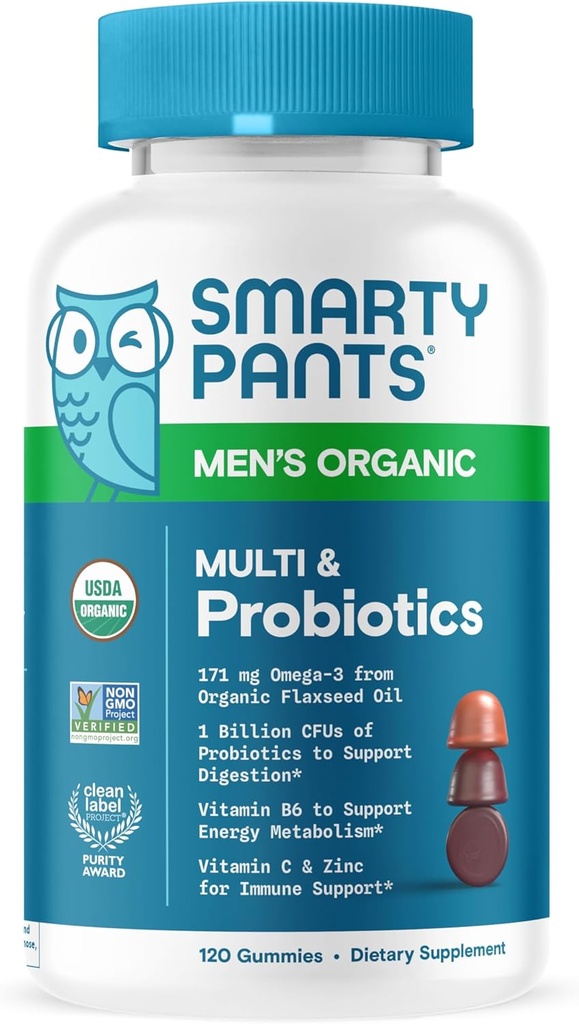 人のためのSmartyPantsのMultivitamin、有機性グミ:プロバイオティクス、CoQ10、Methylfolate、オメガ3 (ALA)、ビタミンD3、C、ビタミンB12、B6、A、免疫サポートのためのK及び亜鉛、Biotin、120のグミ(30日の供給)