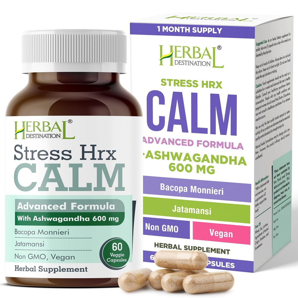 ストレスHrx、Ashwagandhaの補足のカプセル、草のDestinationの圧力救助- 60の計算