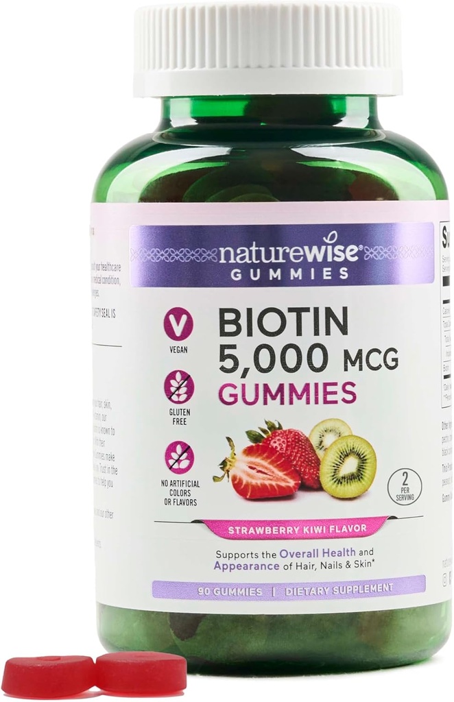 NatureWiseビオチンガミー - ヘルシーな髪、皮膚、強力な爪をサポート - ビタミンB7 5000mcg - ナチュラルビューティー - イチゴキウイ味 - ビーガン、非GMO、グルテンフリー - 90カウント[45日の供給]
