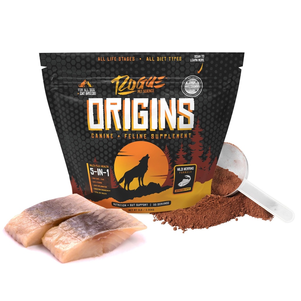 ROGUEペット科学の起源5-in-1犬の補足-粉にされた食糧トッパーw/Natural Omega 3の魚油-サポート健康な消化、皮およびコート-助けの軽減のかゆみ及び接合箇所の炎症(2のlbs)