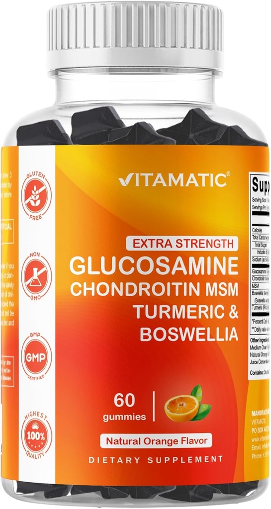 Vitamatic Extra Strength Glucosamine Chondroitin Gummies with MSM, Turmeric & Boswellia – 60 Pectin-Based Gummies Advanced Joint Support Formula – Sugar-Free, Non-GMO, Gelatin-Free