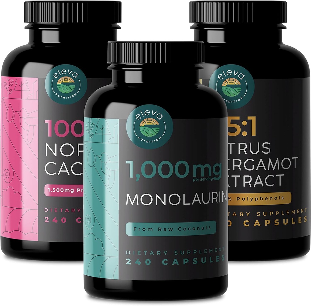 Citrus Bergamot, Nopal Cactus, & Monolaurin Bundle. 1000mg Citrus Bergamot Capsules, 1000mg Monolaurin Capsules, and 1500mg Prickly Pear Cactus Capsules