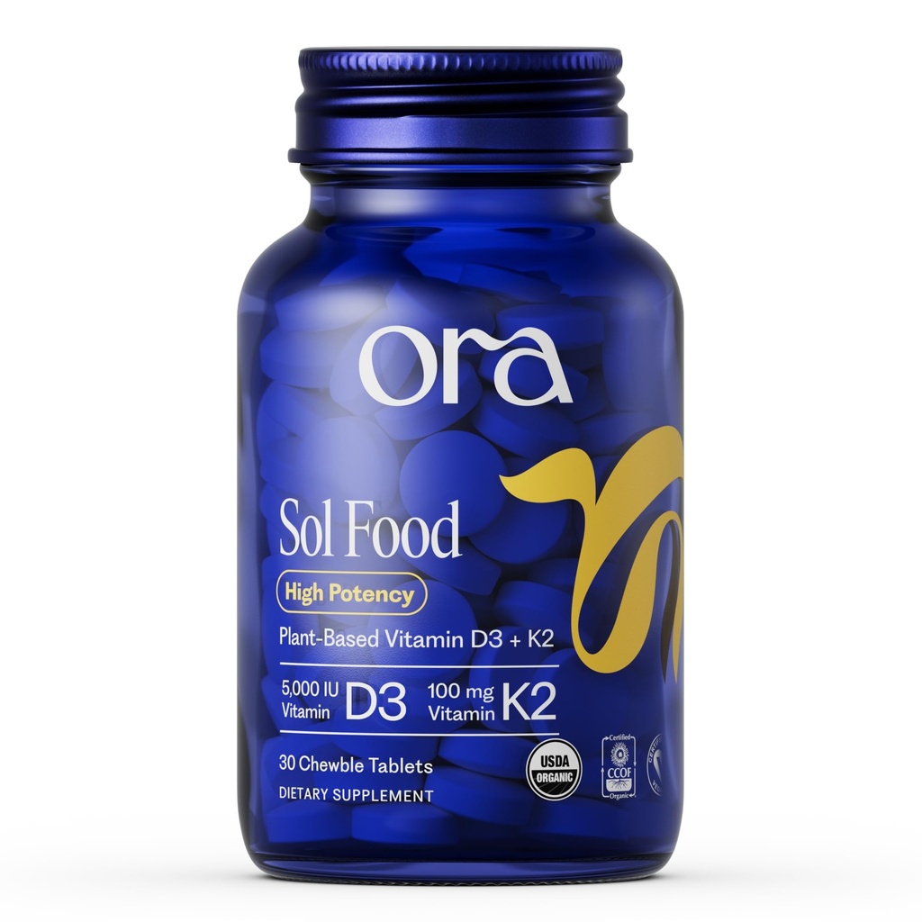 Ora Organic Vitamin D3 5000IU + K2 - ビーガンビタミンDからLichenとK2からBone Health、免疫サポート、および気分、最大吸収 - 1ヶ月の供給、30ケブル錠