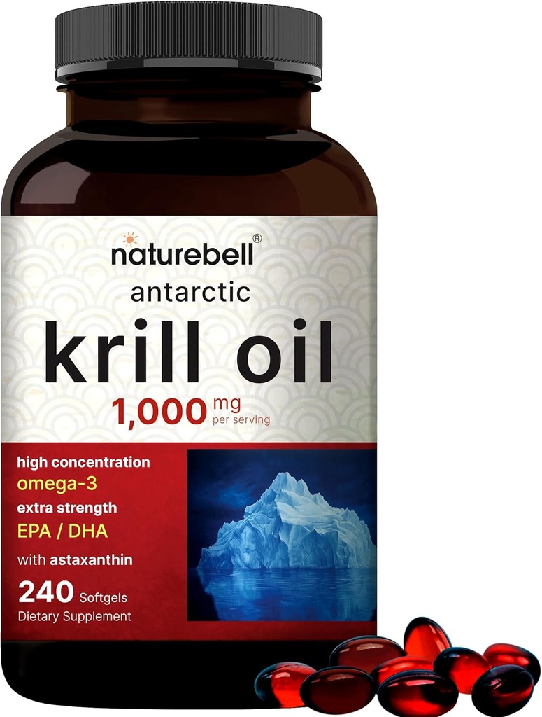 NatureBellのAntarctic Krillオイル1000mgの補足、240のSoftgels、Omega-3s、EPA、DHAおよびアスタキサンチンの自然な源 - Aftertasteなし - サポート中心の健康、水星の自由及び非GMO