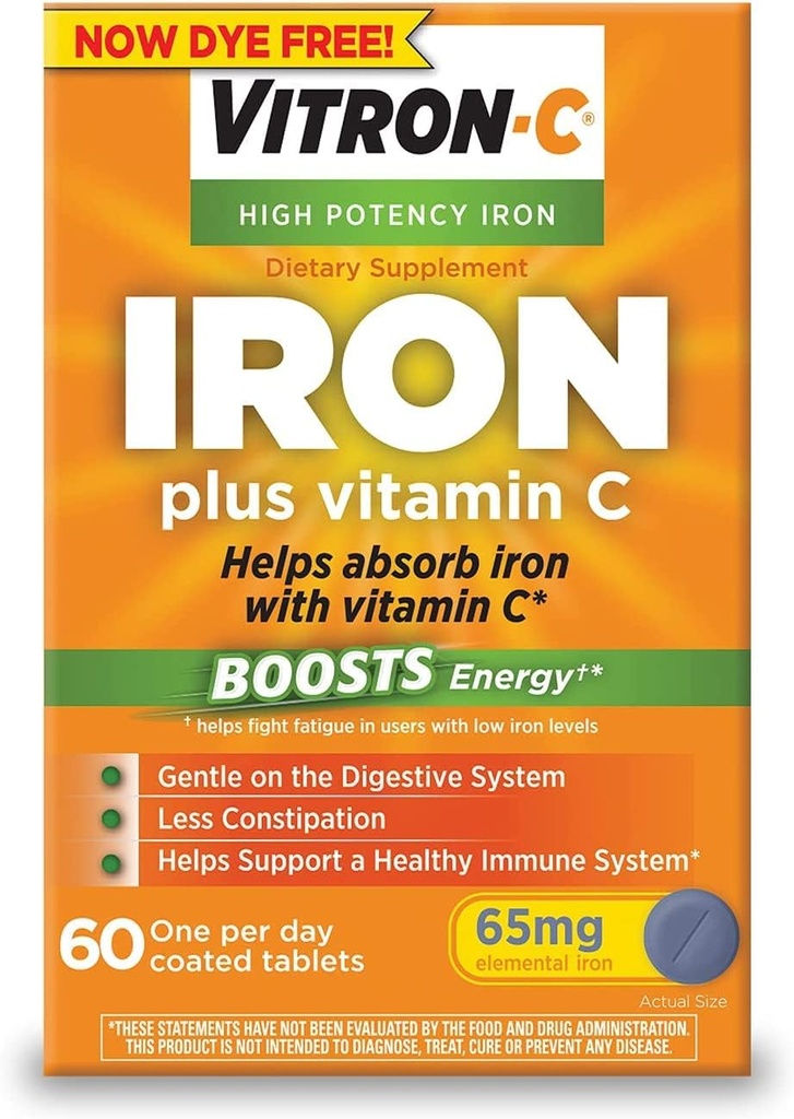 Vitron-C Iron Supplement Plus Vitamin C Coated Tablets 60 ct (4 Pack)