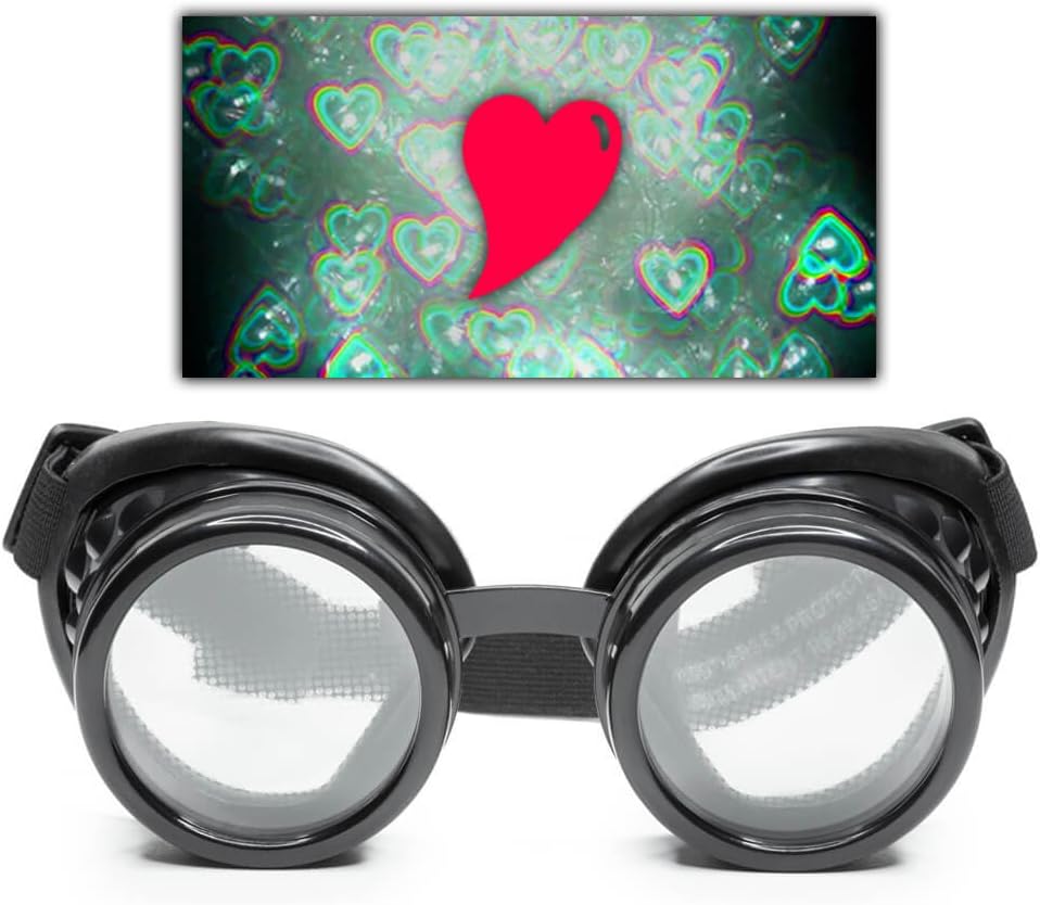 GloFX Black Heart Effect Diffraction Goggles - See Hearts - 3D Holographic Visuals Edm Rave Outfit Steampunk Costume Cosplay Music Festival Essential