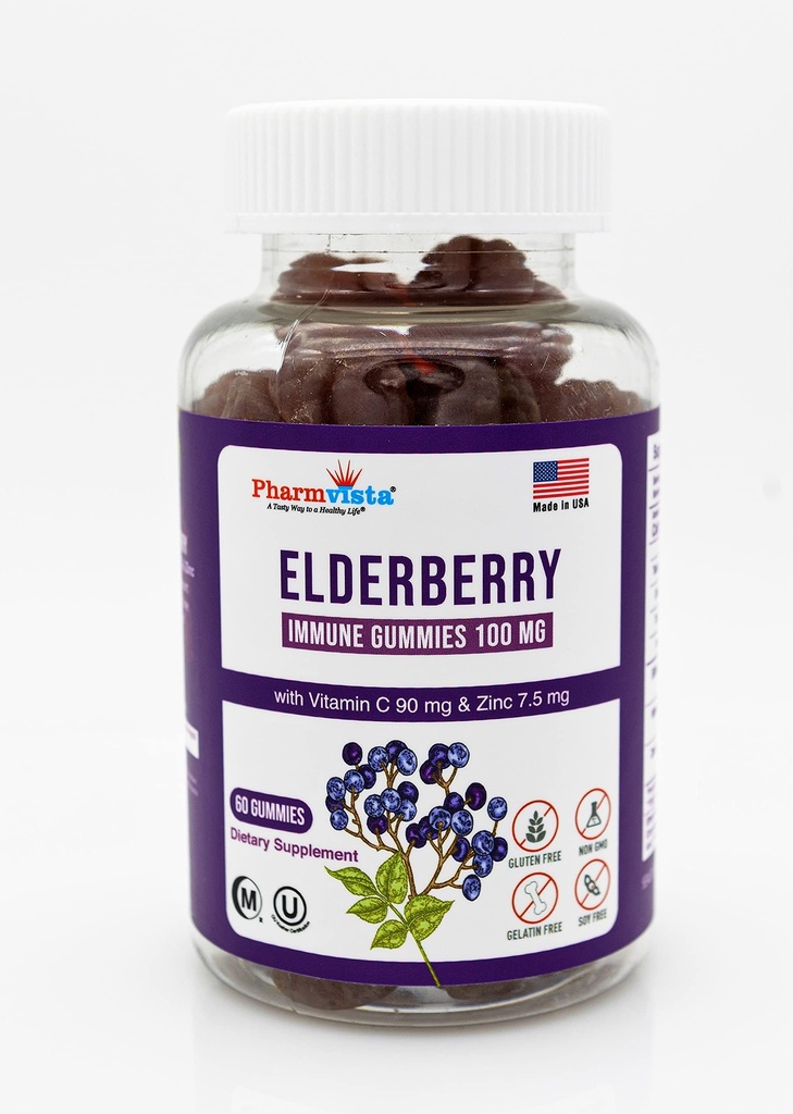 ビタミンCと亜鉛でエルダーベリーグミー100mg - 免疫サポート、グルテンフリーのグミ、7%アントワーシン - 60カウント