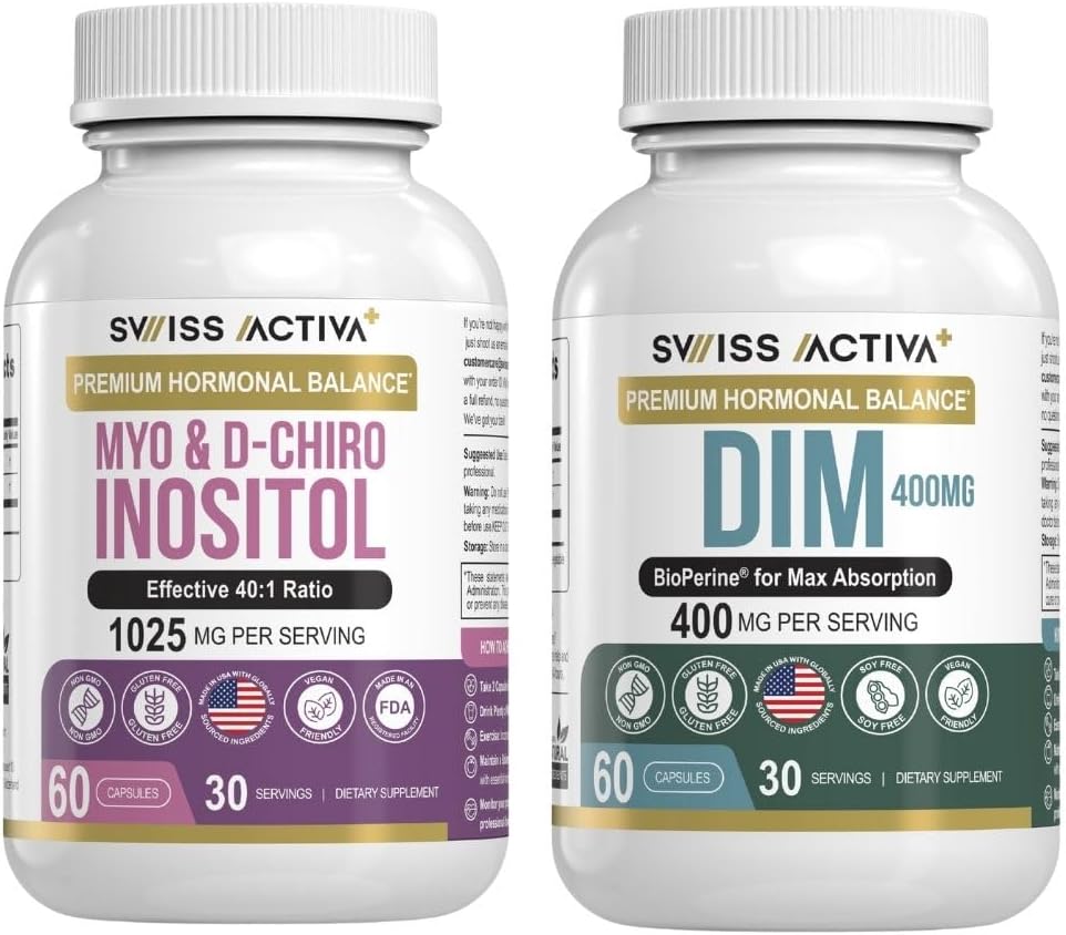 スイスのActiva + DIM&Myo-Inositolバンドル - 女性のためのホルモンバランス&PCOSサポート - 月経周期、気分、エストロゲン、および卵巣の健康 - 60日の供給