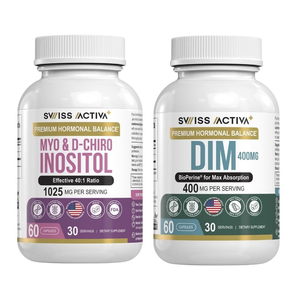 スイスのActiva + DIM&Myo-Inositolバンドル - 女性のためのホルモンバランス&PCOSサポート - 月経周期、気分、エストロゲン、および卵巣の健康 - 60日の供給