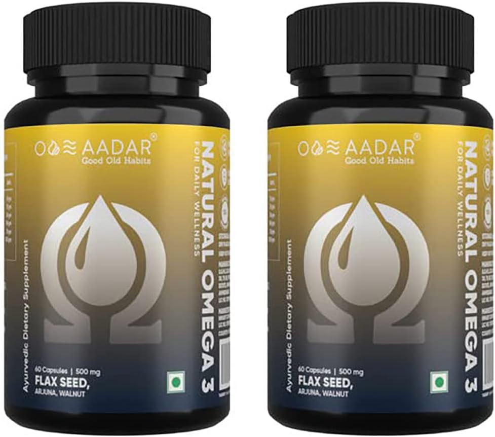 AADAR Natural Omega 3 Vegan Fatty Acid & Immunity Supplement for Men and Women |Flaxseed Arjuna Walnut No Fish Oil | 60 Capsules(Pack of 2)