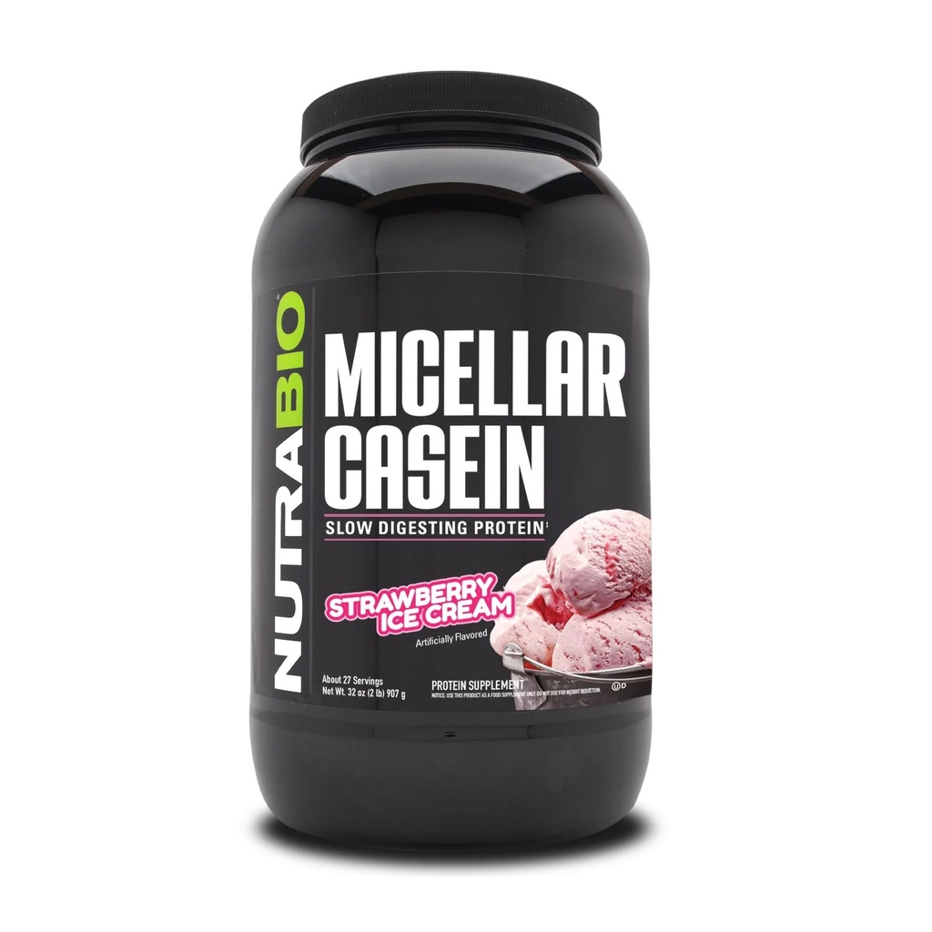 NutraBioカゼインプロテインパウダー、Micellarカシーエンパウダー、25gスローダイジェストプロテイン、ヘルプフル、一晩筋肉回復&成長、BCAA&EAA、グルテンフリー、大豆フリー、2lbイチゴアイスクリーム