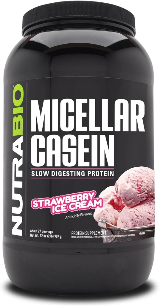 NutraBioカゼインプロテインパウダー、Micellarカシーエンパウダー、25gスローダイジェストプロテイン、ヘルプフル、一晩筋肉回復&成長、BCAA&EAA、グルテンフリー、大豆フリー、2lbイチゴアイスクリーム