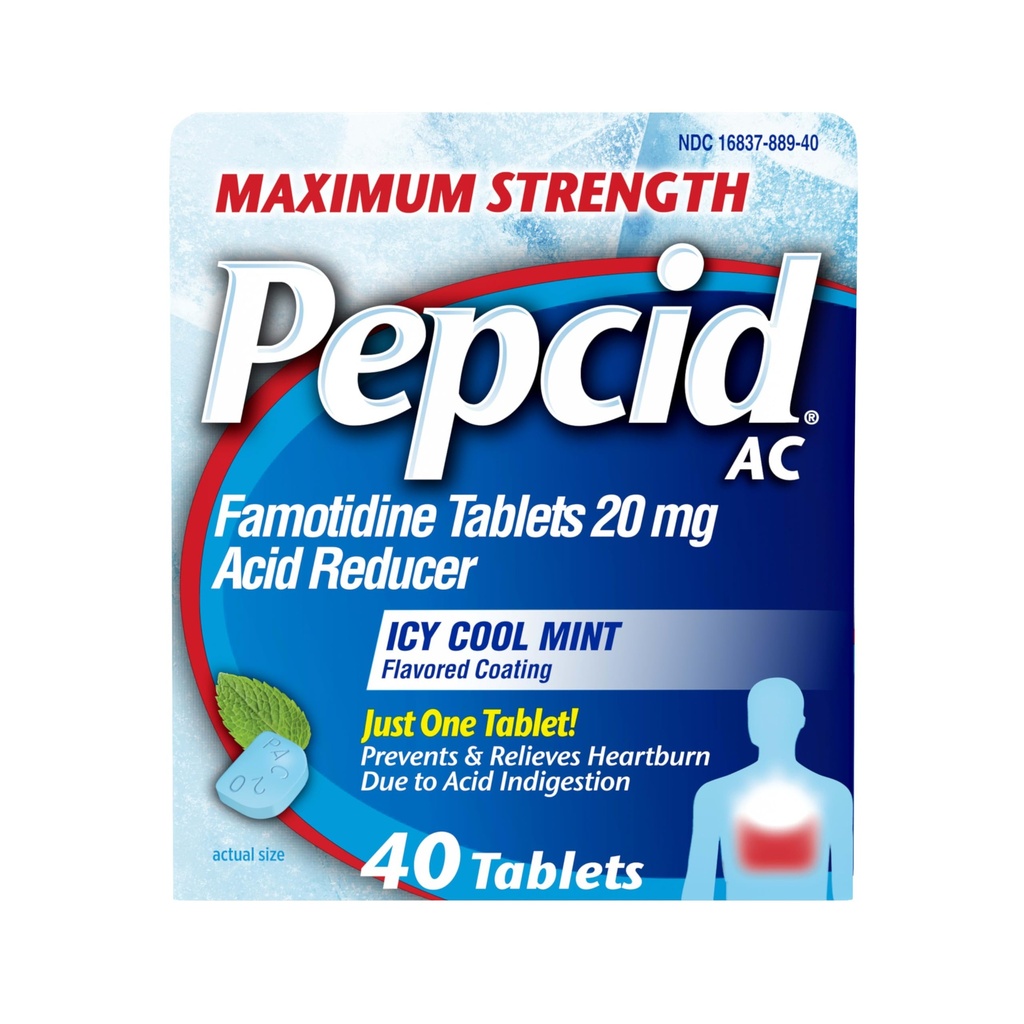 Pepcid AC最高の強さの胸当ての救助のタブレット、OTCの薬は酸の消化及び酸の胃、20mgのファモチジンの酸の減力剤、ICYの涼しいミント、40のctが原因で心焼けを防ぎます