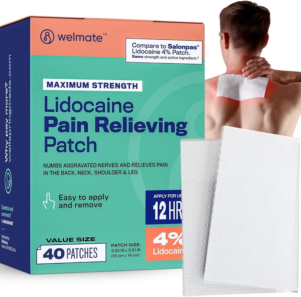 WELMATE Pain Patches Maximum Strength Lidocaine 4% Topical Numbing Analgesic – Lidocaine Patches for Nerve & Back Pain Relief, Sciatica, Neck Muscle Strain, Knee, Shoulder Joint, Hip, Foot (40ct)