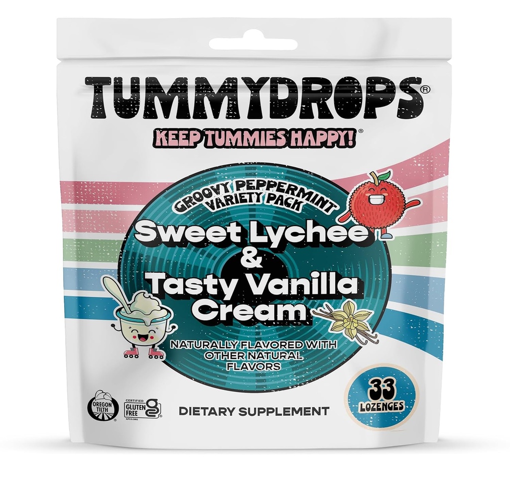 Tummydrops Groovy Peppermint Pack (Lychee & Tasty Vanilla Creamのミックス). グルテンフリー, ビーガン, & 有機成分で作られて, 33 個々 に詰め合わせペパーミントは、再封袋に入れ.