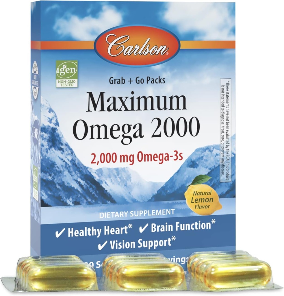 カールソン - 最大オメガ2000グラブ+ゴーパック、2000 mg Omega-3s、ワイルドキャッチ、ノルウェーの魚油サプリメント、持続的に供給された魚油カプセル、レモン、30 Softgelパック