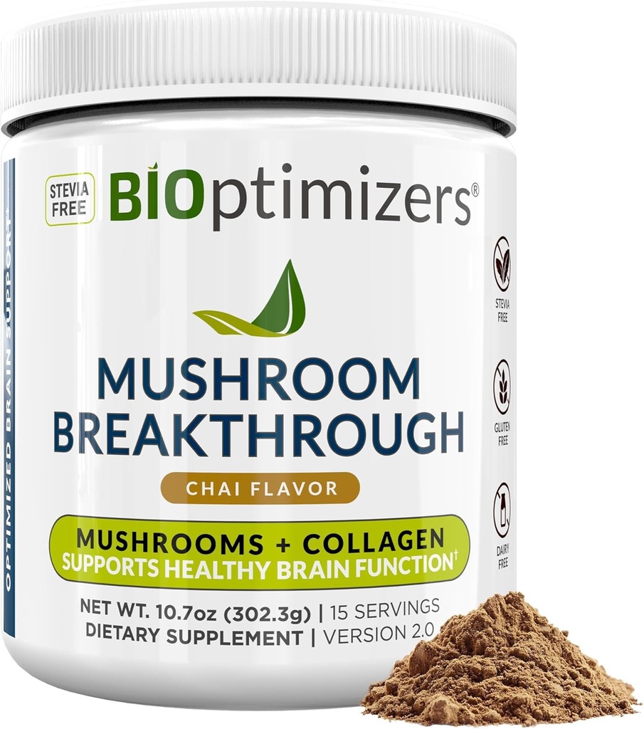 BIOptimizersキノココーヒー代替 – チャイドリンク – ライオンズマネ, チャガ, Reishi + フォーカスのためのコラーゲンペプチド, エネルギー & 腸の健康 – 適応性キノコ & MCT パウダー – 15 サービング