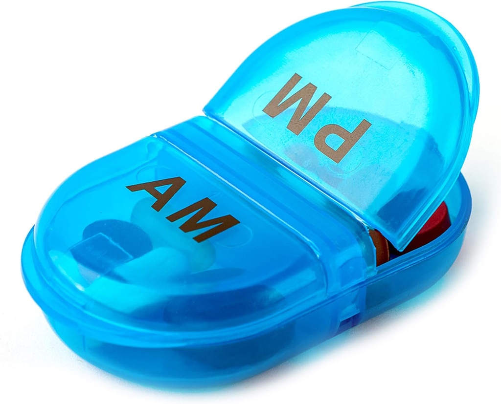 Dekeホーム - ピルオーガナイザーAM PM、ポケットまたは財布のための2コンパートメントピルボックス、小さな毎日の薬のケース、旅行ピルホルダー、簡単なオープンピルコンテナ、ビタミン&サプリメント(ブルー、パック1)