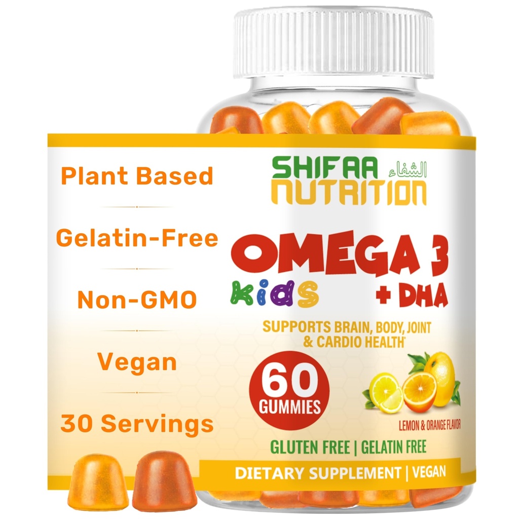 SHIFAA NUTRITION Halal Omega 3 for Kids with DHA Gummies for Brain Development, Heart & Immune Support, Plant-Based, Non-GMO, Algae-Based DHA, Gluten & Gelatin Free Kids Omega 3 Gummies, 30 人分