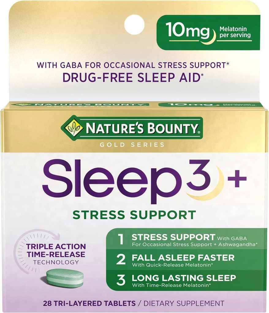 Nature's Bounty Sleep + Stress Support, Sleep3 最大強度100%薬物無料睡眠補助薬, Ashwagandhaと栄養補助食品, タイムリリース技術, 10mg, 28 トライレイヤタブレット