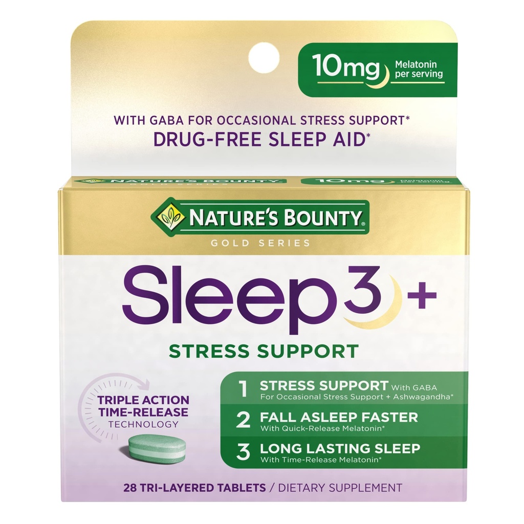 Nature's Bounty Sleep + Stress Support, Sleep3 最大強度100%薬物無料睡眠補助薬, Ashwagandhaと栄養補助食品, タイムリリース技術, 10mg, 28 トライレイヤタブレット