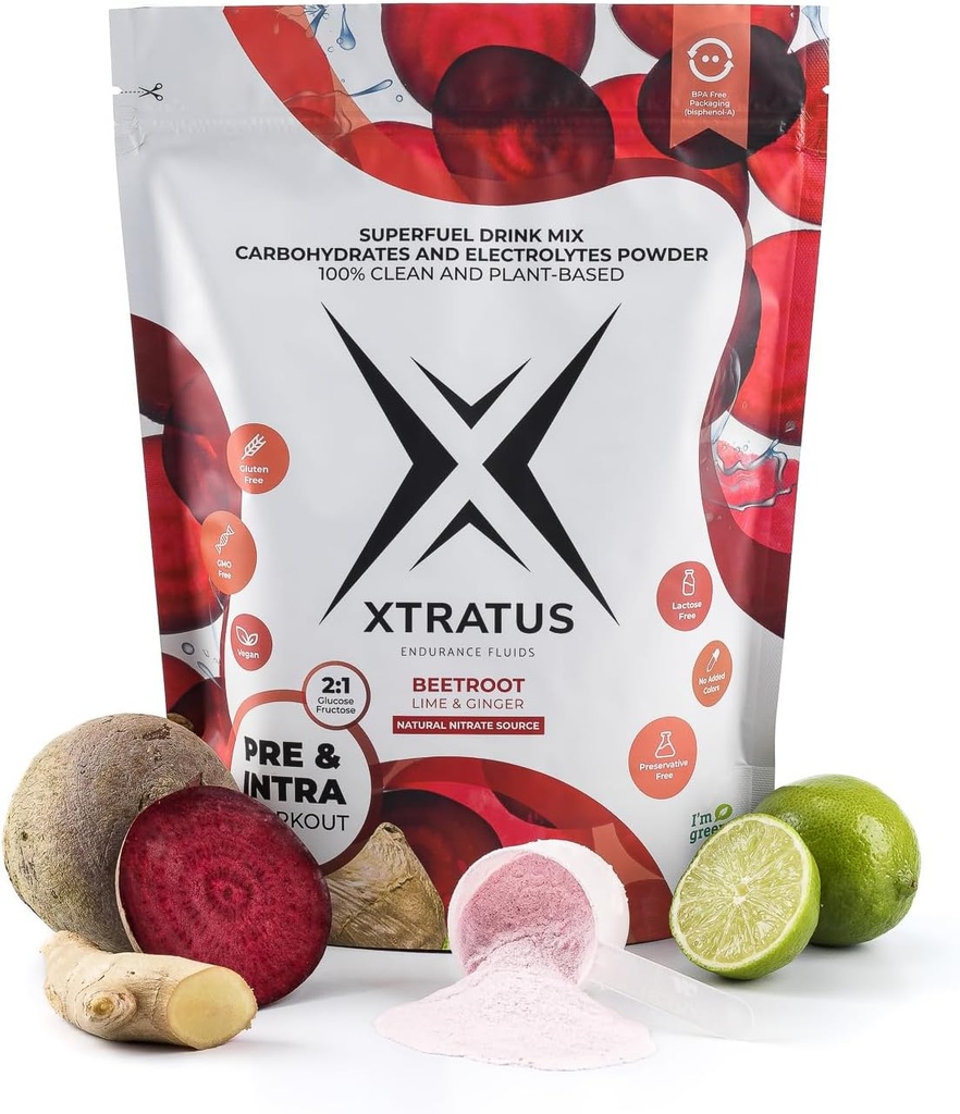 ビートルート(硝酸塩)ライムとジンジャー - 炭水化物とミネラルのスーパー燃料スポーツドリンクパウダー。 Nitrateの自然な源。 窒素酸化物。 事前トレーニングとイントラトレーニング。 35,27オズ.