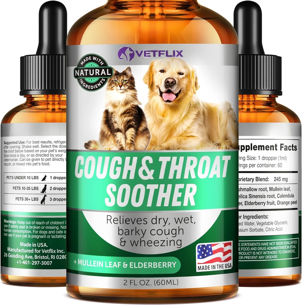 Kennel Cough Treatment for Dogs & Cats - Made in USA - Dog Allergy & Cat Asthma Relief - Mullen Leaf & Elderberry Blend - Dry, Wet & Barky Cough Relief for Dogs & Cats - All Breeds & Sizes - 2 Fl Oz