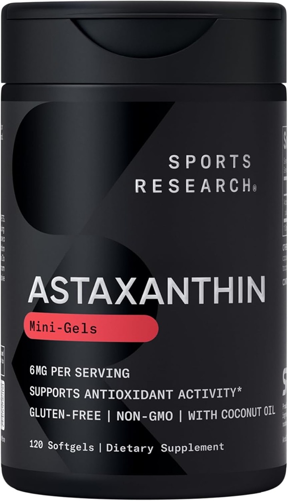 Sports Research Triple Strength Astaxanthin Supplement (6mg) with Organic Coconut Oil for Antioxidant Activity, Skin & Eye Health Support - Non-GMO Verified & Gluten Free - 120 Softgels