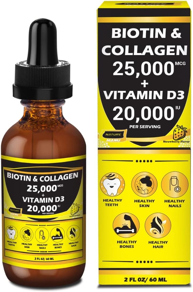 Nature Manu-Premium 25,000mcg 液体ビオチン&コラージュ+20,000iu ビタミンD3オールインワンウェルネスデイリードロップ。健康な肌、より強い爪、髪の成長をサポートします。 おいしいイチゴ味 - 2FL OZ / 60 ML