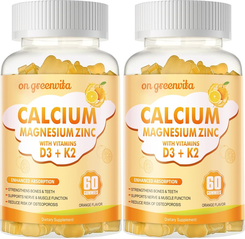 Calcium Magnesium Zinc Gummies with Vitamin D3 & K2 - High Potency Enhanced Absorption -120 Orange Gummies Flavored
