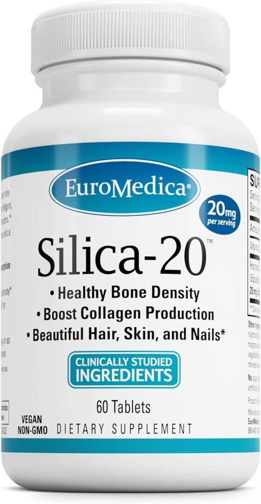 EuroMedica Silica-20 - サプリメントは骨構造とコラージュ生産をサポート - 強力な歯と健康な骨密度サポート - エイドヘア、皮膚&爪の健康 - 60錠(30のサービング)