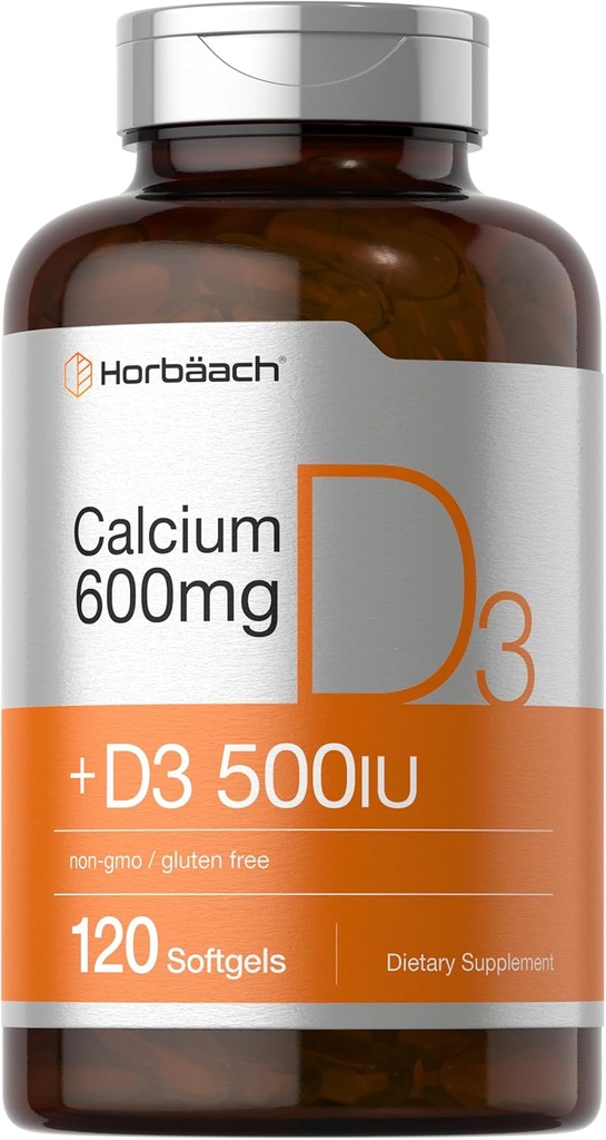 Horbäach Calcium Supplement with Vitamin D3 | 600 mg | 120 Softgels | Non-GMO & Gluten Free | for Men and Women