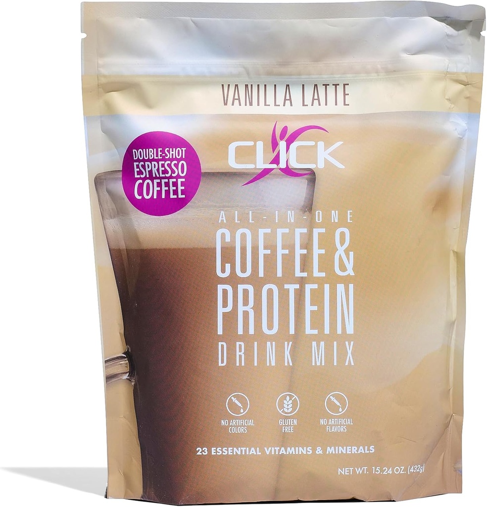 Click Coffee Protein Powder | Double Shot Espresso | 16g Protein | 23 Essential Vitamins | Low Calorie Meal Replacement | 150mg Caffeine | Gluten Free | No Artificial Flavors or Colors | Vanilla