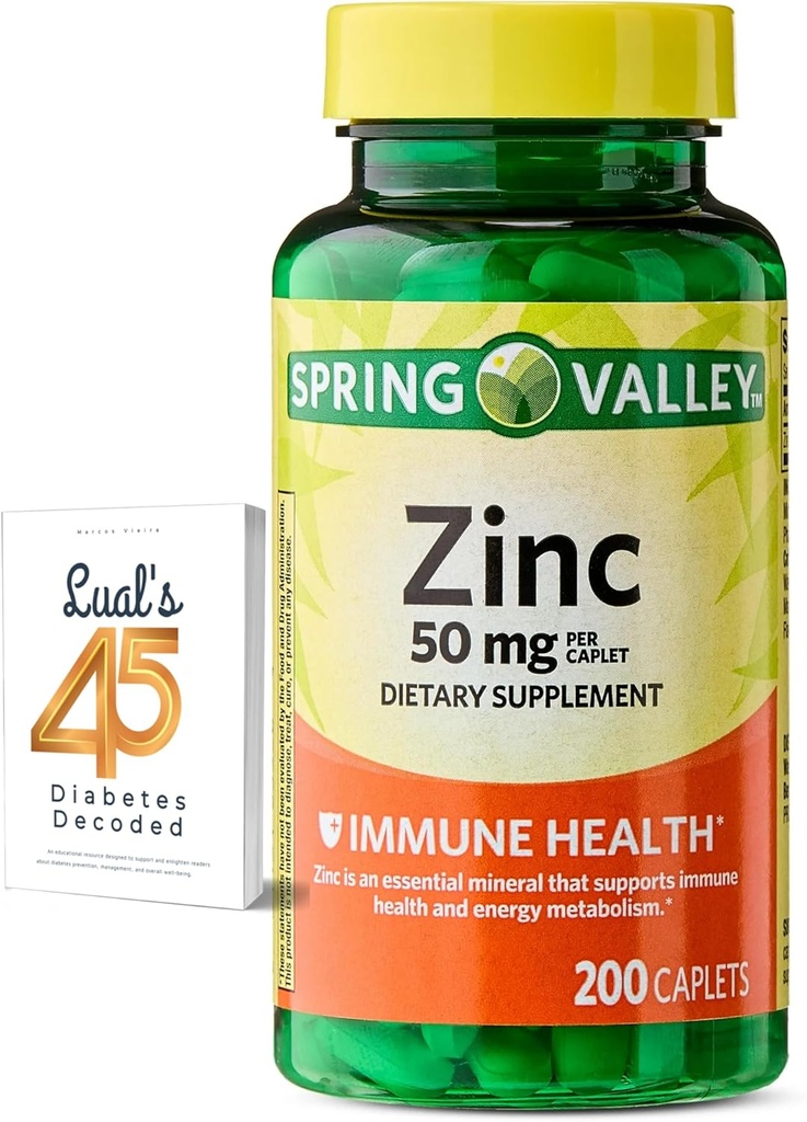 Spring Valley Zinc 50 mg, 200 Count, Dietary Supplement Caplets for Immune Health, Zinc Immune Supplements, Bundle with Lual's 45 Diabetes Decoded
