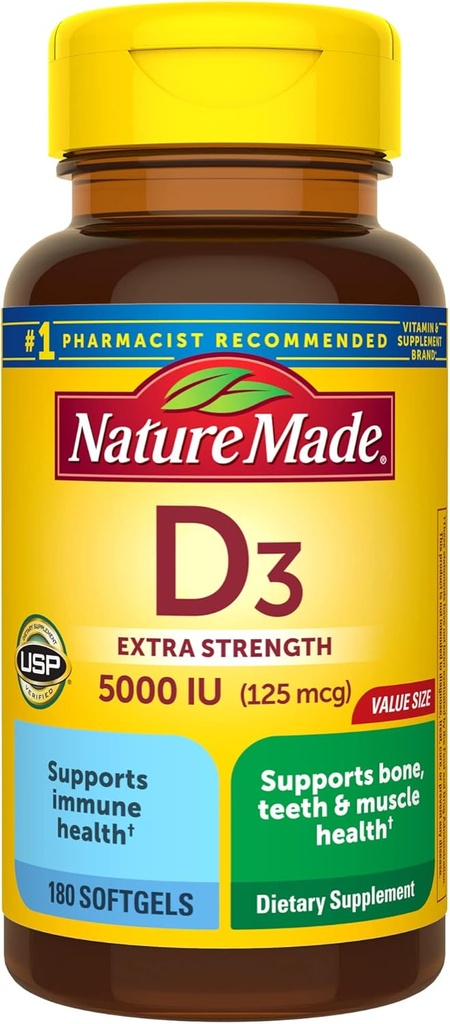 Nature Made Vitamin D3 5000 IU (125 mcg) Softgels, Extra Strength Vitamin D Supplement for Bone and Immune Health Support, 180 Count, 180 Day Supply