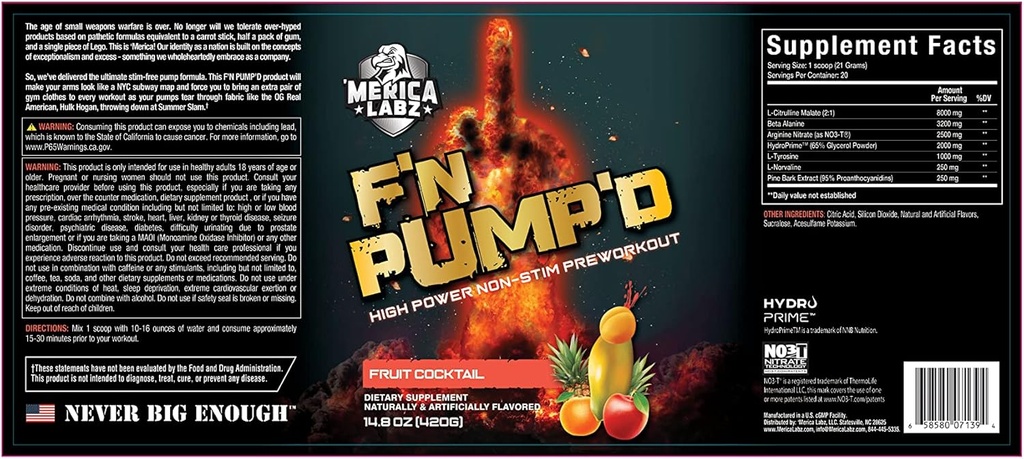 'Merica Labz F'N Pump'D Stimulant Free, Nitric Oxide,Fully Dosed, Pump PreWorkout Powder (20 サービング) (フルーツ カクテル)