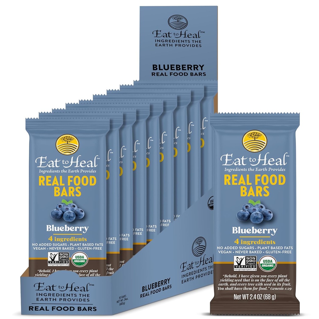 EatToHeal Blueberry Real Food Bar - オーガニックプロテインバー、ビーガンフード、ヘルシーグルテンフリープロテインフード - 低糖プロテインバー、非GMO、決して焼く、植物ベースのオーガニックスナック - 楽しむために作られた