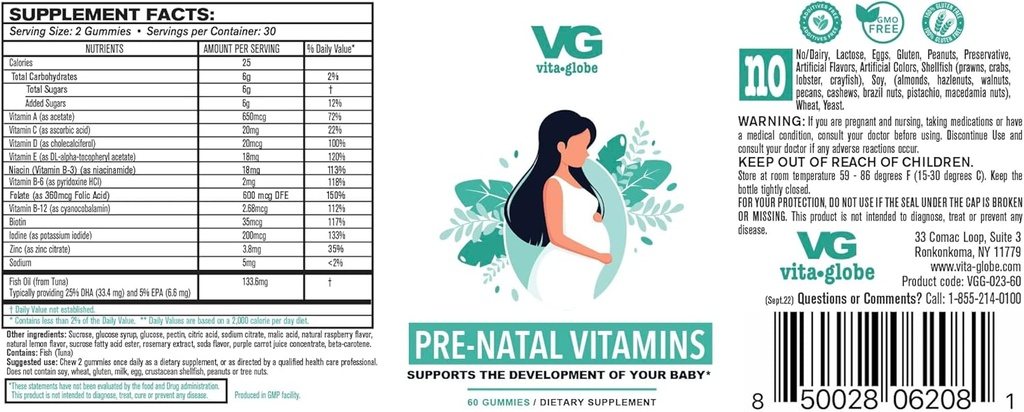 VITA GLOBE Prenatal Fish Oil Gummy Vitamins - Womens Multivitamin for Healthy Growth and Brain Development with Vitamin A, D E, B6, Folate and Biotin, 60 Count