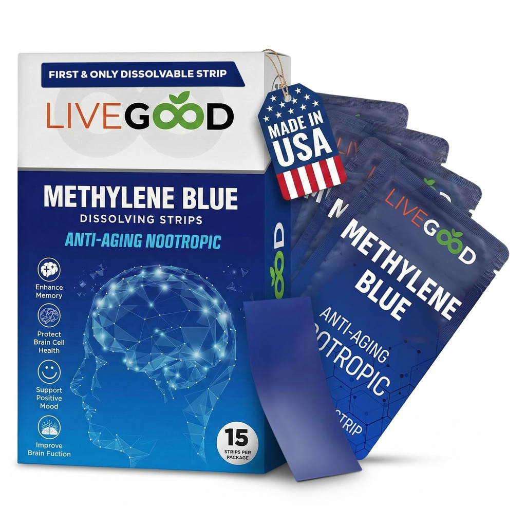 LIVEGOOD Methylene Blue – Methylene Blue for Humans, Brain Supplements for Memory and Focus, Clarity & C認知エネルギー, Nootropic Brain Support, 米国製, 15 経口ストリップ 20mg 各
