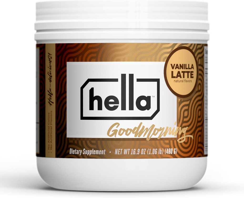 Hella Nutrition Goodmorning Coffee 代替ナチュラルカフェインとマッシュルーム コーヒーの代替品 | タンパク質、コラーゲン、ビタミンB-12&D、電解液、ミネラル | 非GMO(20サービング、バニララテ)