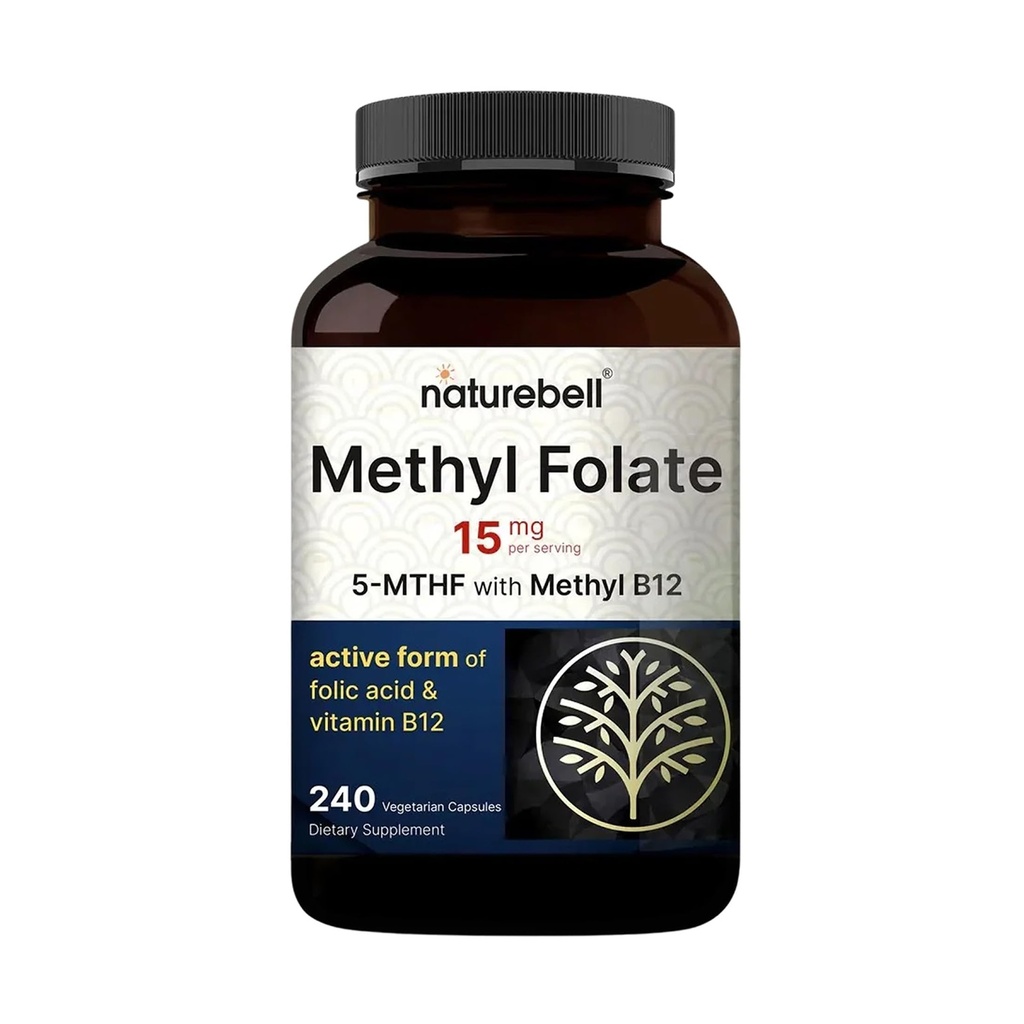 NatureBell Methyl Folate 15mg - 240 Capsules - 5-MTHF with Methyl B12-15mg L-Methylfolate & 1,000mcg Vitamin B12 - Energy & Cognitive Support Supplement* - Gluten-Free & Non-GMO