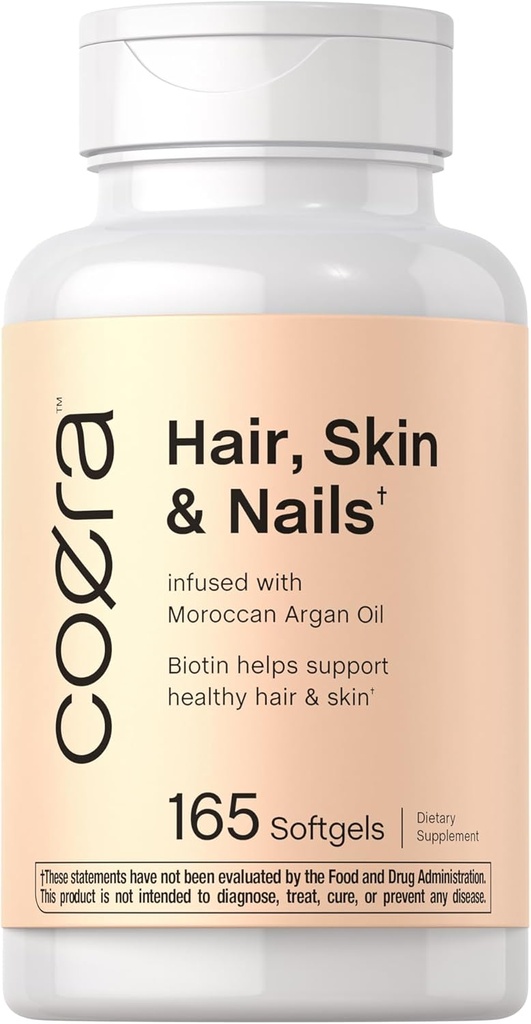 Coera Hair, Skin and Nails Vitamins | 165 Softgels | バイオチン、コラージュ、モロッコのアーガンオイルで | 非GMO&グルテンフリーサプリメント 男性と女性